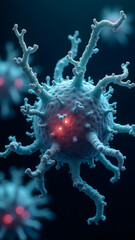 Giant glowing branched bacterium and textured virus under microscope, sci-fi style depth with bokeh background, ultra HD.