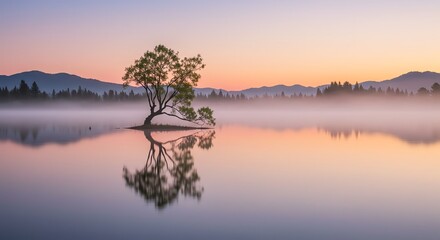 Tree in water reflection at dawn