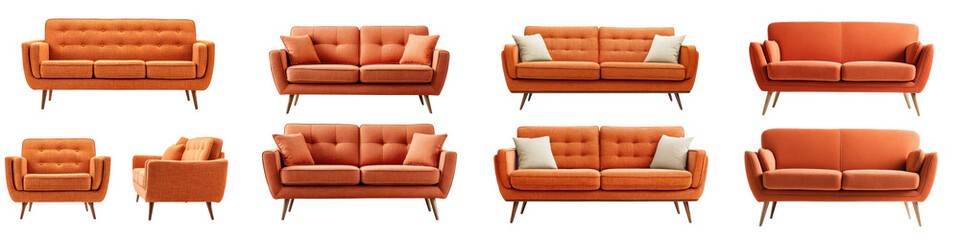 Fototapeta premium Elegant and modern orange sofas and armchairs for a comfortable living room long title A selection of stylish and comfortable orange