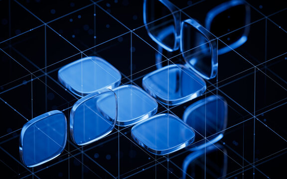 Abstract blue glass geometry cubes, 3d rendering.