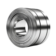 A rolled sheet of shiny metal material, neatly coiled and ready for industrial processing or manufactu, rests in clean studio conditions with white background.