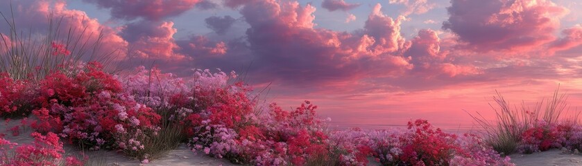 Fototapeta premium Blooming flowers in meadow under mystical vibrant tropical sky concept. Vibrant sunset over blooming flowers in a serene landscape.