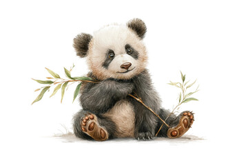 Naklejka premium PNG Adorable baby panda holding bamboo plant with playful expression