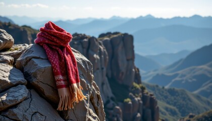 Fototapeta premium Red Scarf on Rocky Mountain Peak with Scenic View