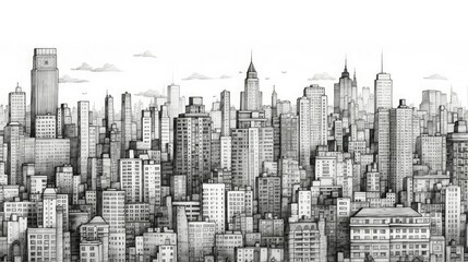 Intricate Urban Skyline: Black and White Sketch of City Buildings with Architectural Detail and Depth