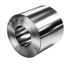 Shiny rolled sheet metal coil reflects light, showcasing its smooth surface and metallic texture, isolated on a clean white background in a studio shot perfectly.
