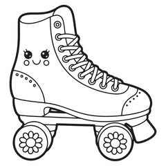 Cute Groovy Summer Line Art of a Roller Skate with a Smiling Face and Flower Wheels