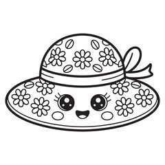 Cute Groovy Summer Line Art of a Child’s Face Wearing a Floral Summer Hat