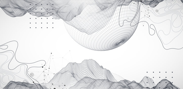 The abstract wave is made in a frame style. Template for science and technology presentation. Sphere art. Vector.