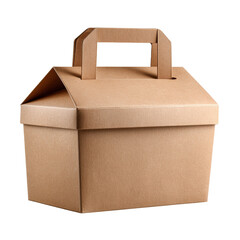 An isolated angled studio shot features a closed brown corrugated cardboard box with a handle, suitable for food delivery or packaging on a clean white background.