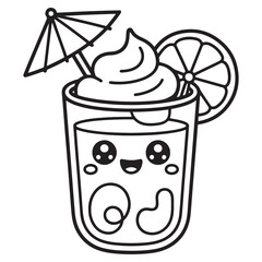 Cute Groovy Summer Line Art of a Smiling Drink with Whipped Cream and Umbrella