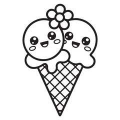 Cute Groovy Summer Line Art of an Ice Cream Cone with Two Happy Scoops