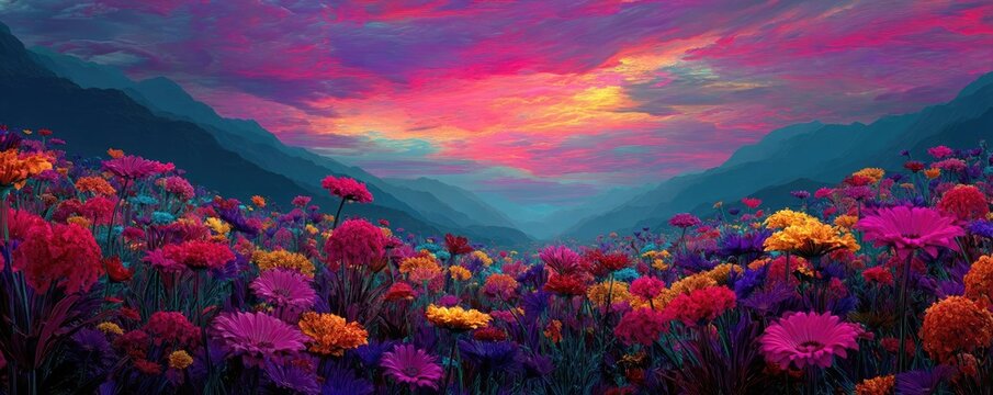 Blooming flowers in meadow under mystical vibrant tropical sky concept. Vibrant flower landscape with a stunning sunset backdrop.