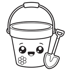 Cute Summer Line Art of Smiling Sand Bucket with Shovel