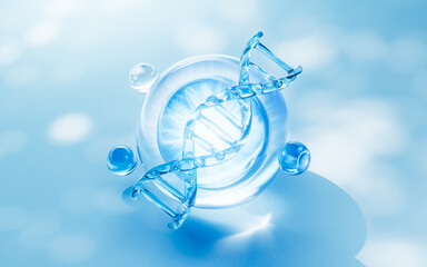 Biological DNA with transparent blue bubbles background, 3d rendering.