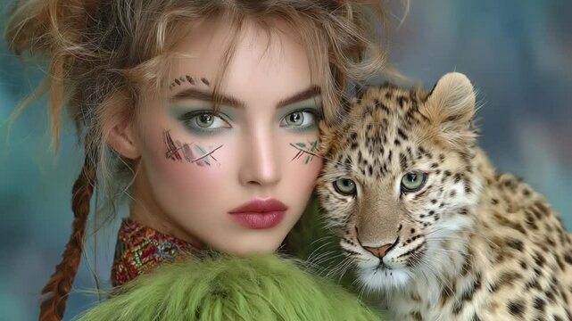 close up face pretty Caucasian woman wearing fancy makeup with a leopard 
