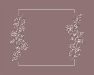 Floral and square hand drawn style. Floral brown frame of twigs, leaves and flowers. Frames for the Valentine's day, wedding decor, logo and identity template.