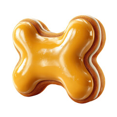 A dog bone shaped treat with a glossy orange coating is centered on a white background making it look appetizing for pets wanting a special snack.
