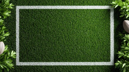 A top down view shows a white rectangular frame on a green sports field with rugby balls and lush foliage on either side making a vibrant border on a sunny day.