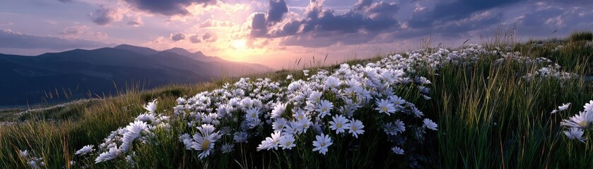 Obraz premium Blooming flowers in meadow under dreamlike glowing sky concept. A serene landscape with wildflowers under a stunning sunset sky.