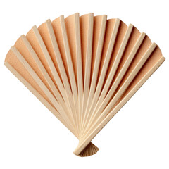 An elegant open hand fan with a light orange paper surface and wooden ribs isolated against a clean white background creates a beautiful decorative object for display.