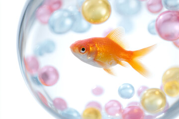 Fototapeta premium a goldfish in a bowl of water with bubbles
