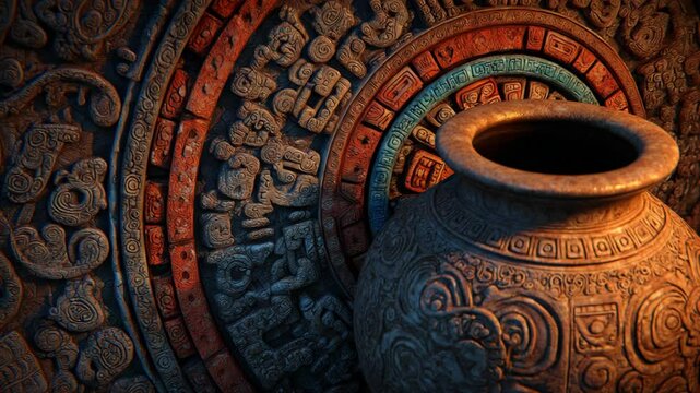 ancient Mayan sculpture wall with clay jar 