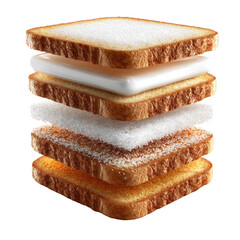 An abstract and conceptual still life of a sugar sandwich showcases layers of toast and refined sugar, demonstrating unhealthy eating on an isolated white background.
