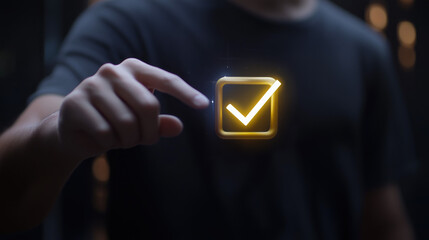 a virtual checklist with animated progress markers being touched by a businessman, minimal black background