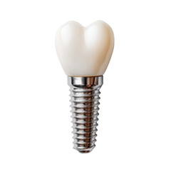 A single dental implant with a ceramic crown is displayed against a plain background offe a clear view of restorative dentistry advancements available today.