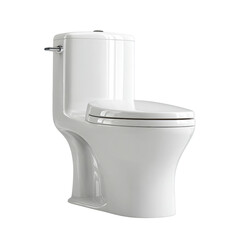 A modern white ceramic toilet with a closed lid and chrome handle stands against a plain white backdrop, ready for installation in a contemporary bathroom.
