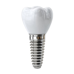 A shiny dental implant with a white crown and silver metal screw is professionally isolated on a clean white background in a modern dental healthcare studio.