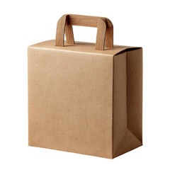 A minimalist brown cardboard box with a wooden handle sits on a white background, showcasing its simple and clean design for packaging or storage purposes.