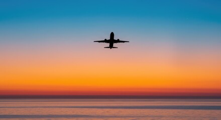 Obraz premium Airplane flying over ocean during colorful sunset sky 