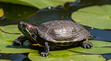 Fototapeta premium Red-eared Slider Turtle basking on Lily Pads