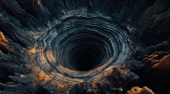 A dark, gaping hole in a rocky, textured landscape; concentric rings of eroded stone descend into an abyss