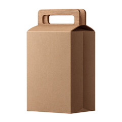 An isolated tall kraft paper gift box with a wooden handle sits upright on a white background, providing a simple and rustic packaging presentation option.