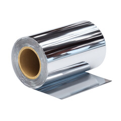 A reflective roll of aluminum foil is showcased against a pristine white background, its shiny surface catching the light, emphasizing its smooth and metallic texture.