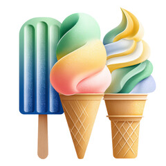 Three colorful frozen treats featu a blue popsicle and two ice cream cones with swirling rainbow sherbet on a clean white background create a delicious summer scene.