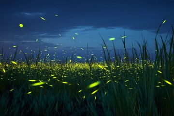 Obraz premium Enchanting Night Scene of Glowing Fireflies Illuminating Tall Grass under a Darkening Sky at Dusk