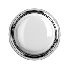 A simple white circular button with a shiny chrome metal border is displayed on a clean white background in a studio shot showcasing detail and form.