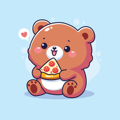 cute bear cartoon eating pizza . vector illustration