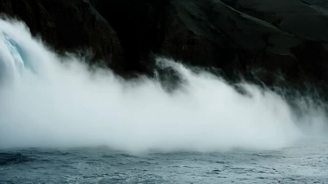 Dramatic coastal waterfall cascading into dark ocean, powerful water stream dropping from cliff edge, atmospheric seascape with crashing wave