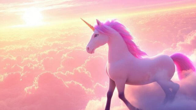 A pink unicorn's dreamlike journey through an ethereal cloudscape at dawn