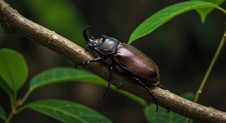 Close-up of a Rhinoceros Beetle on a Branch