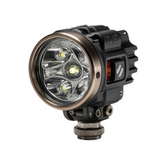 A powerful black and bronze LED dive light with multiple bright bulbs is displayed against a stark white background, highlighting its robust design and features.