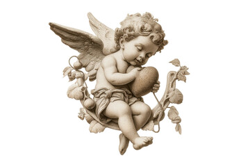 PNG Cherubic angel sculpture holding heart with wings and floral details