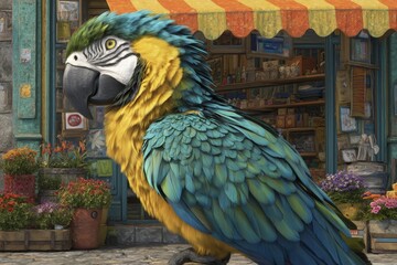 Fototapeta premium Colorful macaw perched near a charming shop with vibrant flowers and an artistic storefront in a lively market setting