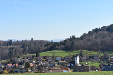 Kleines Schweizer Dorf Ammerswil mit reformierter Kirche, Wald und Alpen im Hintergrund