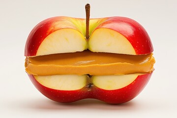 A red apple bisected horizontally, revealing a creamy, tan filling nestled between its two halves